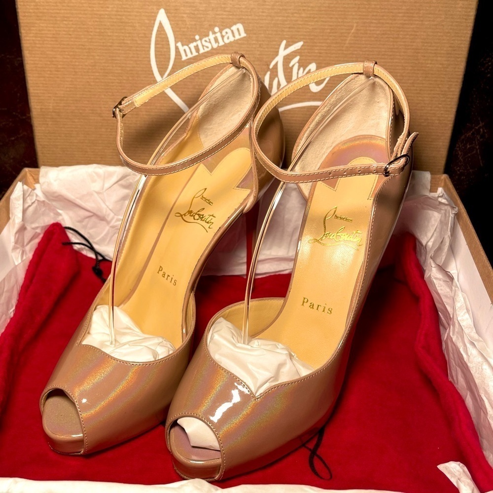 Christian Louboutin RoundChick Alta 120 Iridescent patent nude peeptoe pump EU39 - Picture 4 of 11
